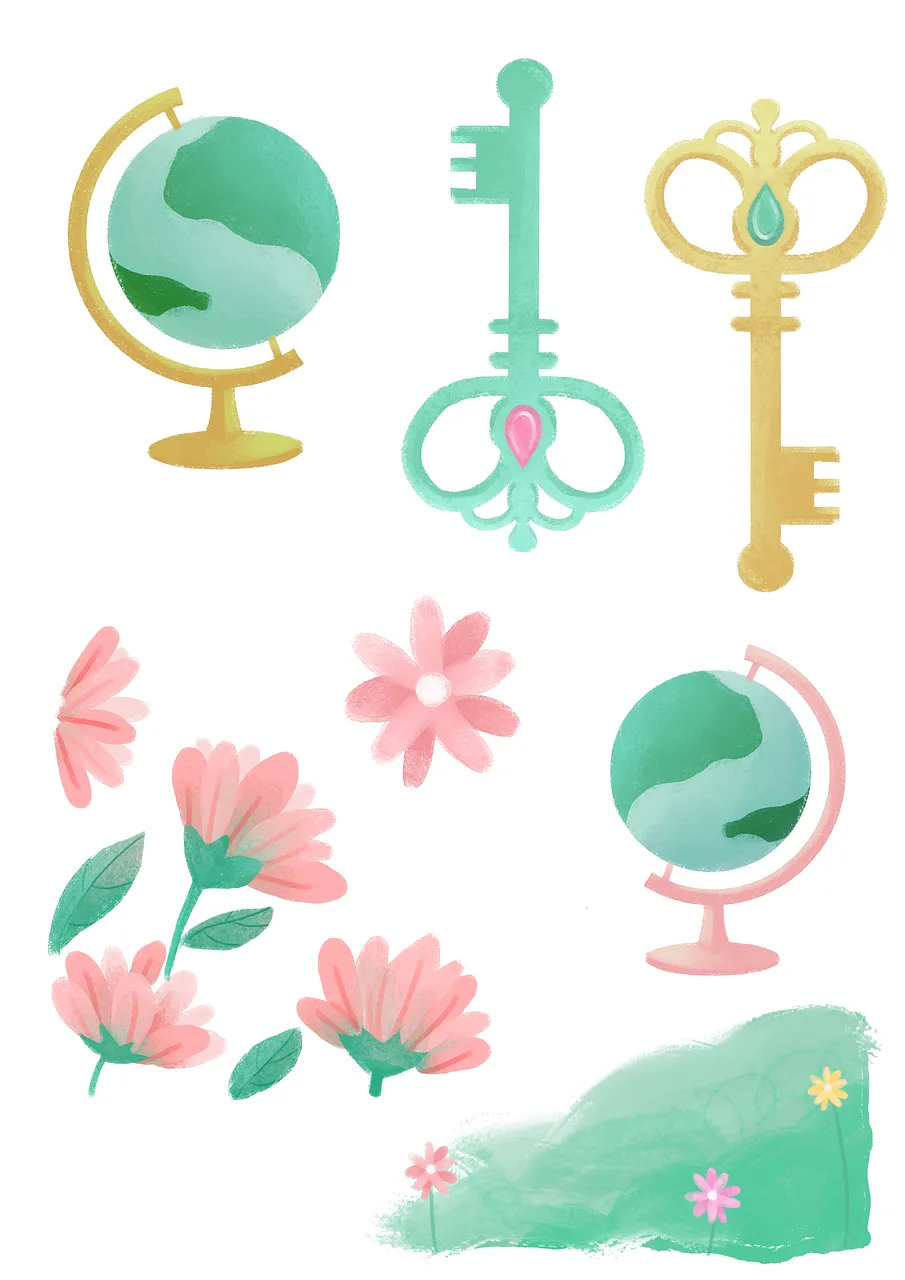 Charming Pastel Illustrations: Globals, Keys, and Blooming Flowers