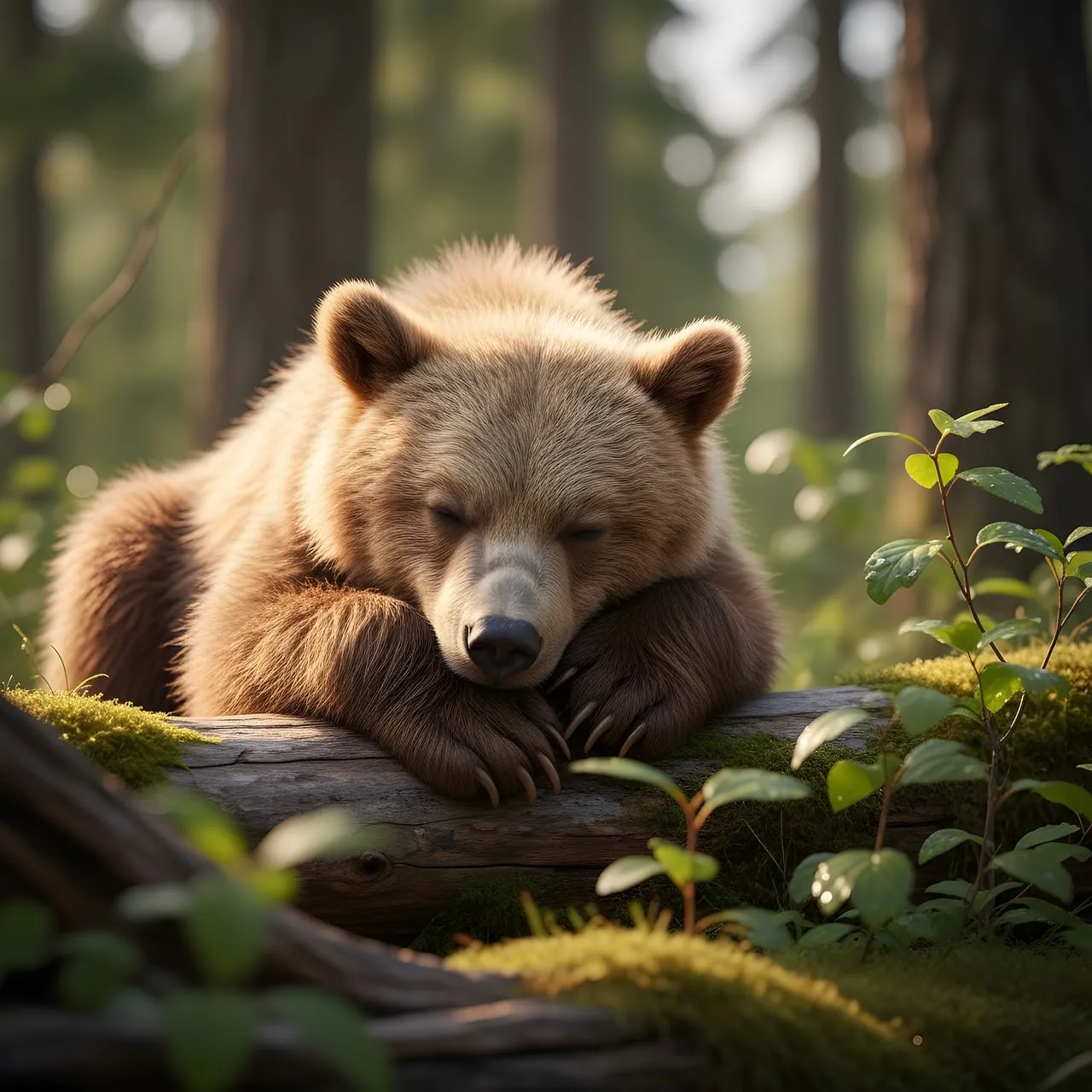 Serene Slumber: Bear Cub's Peaceful Forest Rest