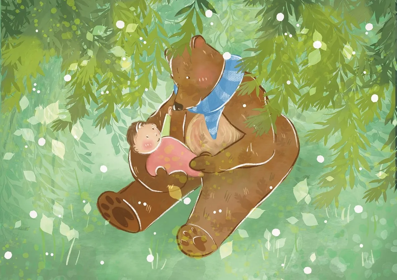 Enchanting Forest Embrace: Bear Cradles Newborn with Tender Love