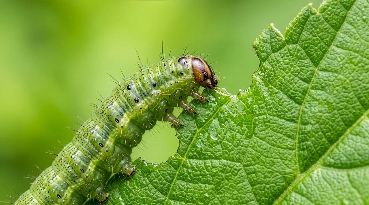 Vivid Macro: Hungry Caterpillar Devouring a Green Leaf
