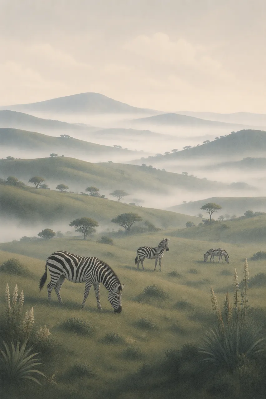 Serene African Savannah: Zebras Grazing in Misted Hills