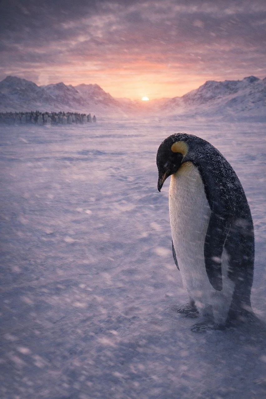 Brave Penguin's Solitude: Majestic Sunset in Antarctic Wilderness