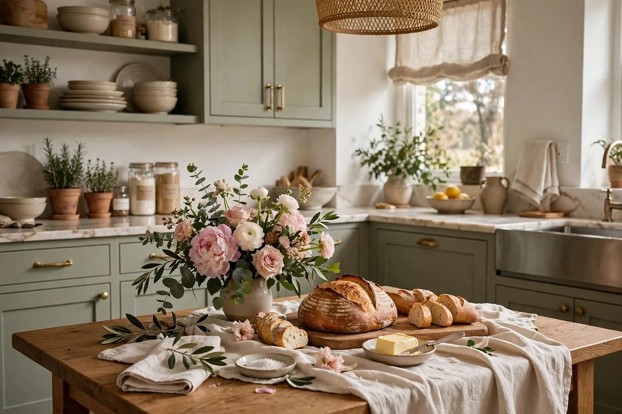 Rustic Charm: Fresh Bread & Blooms in a Cozy Kitchen