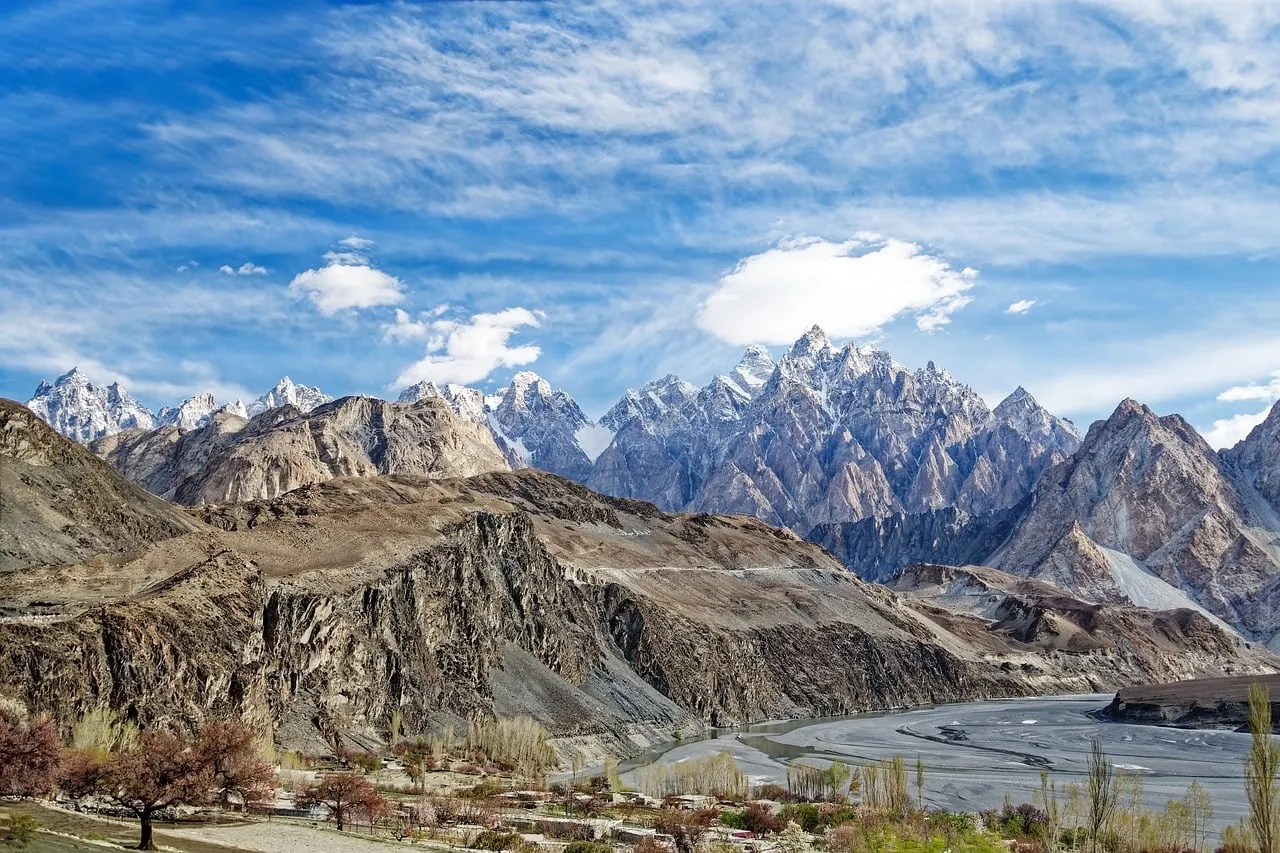 Majestic Karakoram: Panoramic Glacier Peaks & Hunza River Vistas