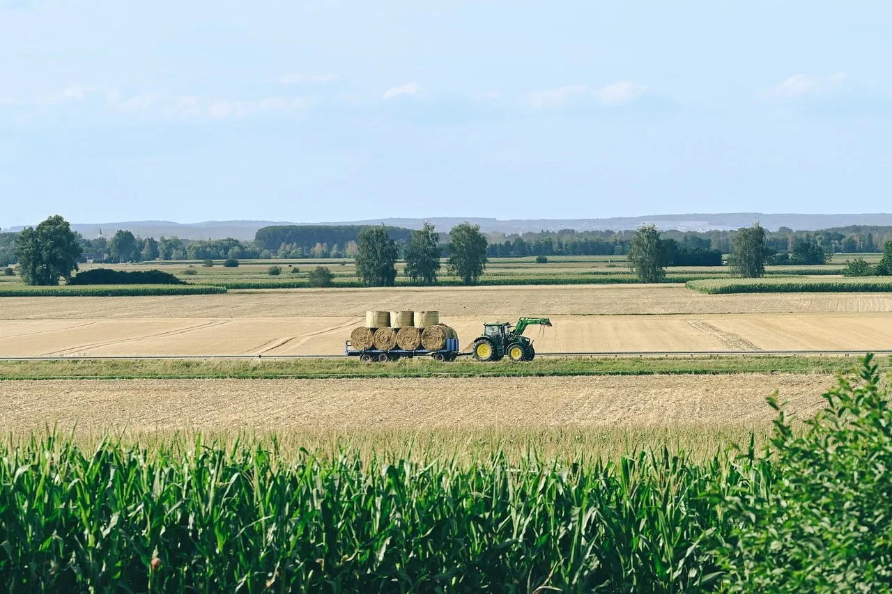 Bountiful Harvest: Tractor Hauls Hay Bales Across Golden Fields