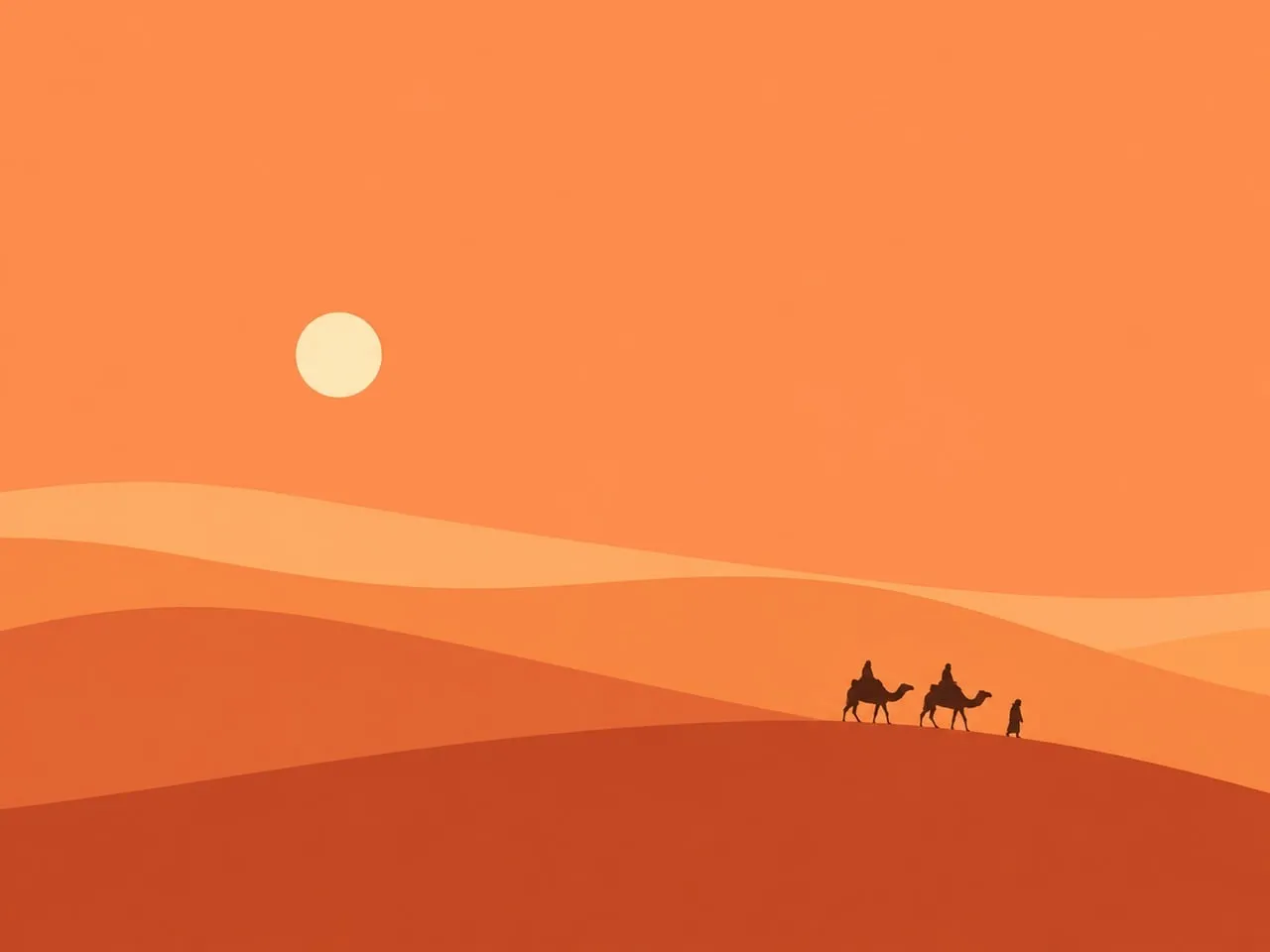 Minimalist Desert Sunset: Camel Caravan Journey