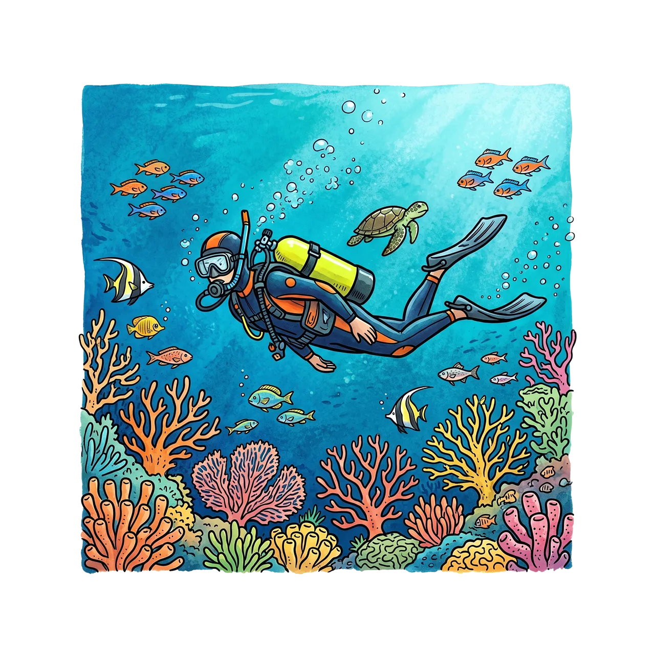 Vibrant Underwater Adventure: Diver Explores Coral Reef Life