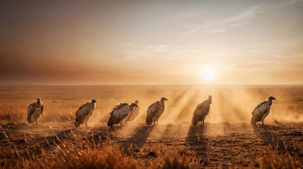 Dramatic Sunset: Vultures on African Plain