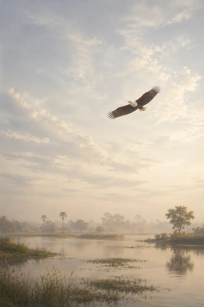 Majestic African Eagle Soars Over Misty Safari Sunrise