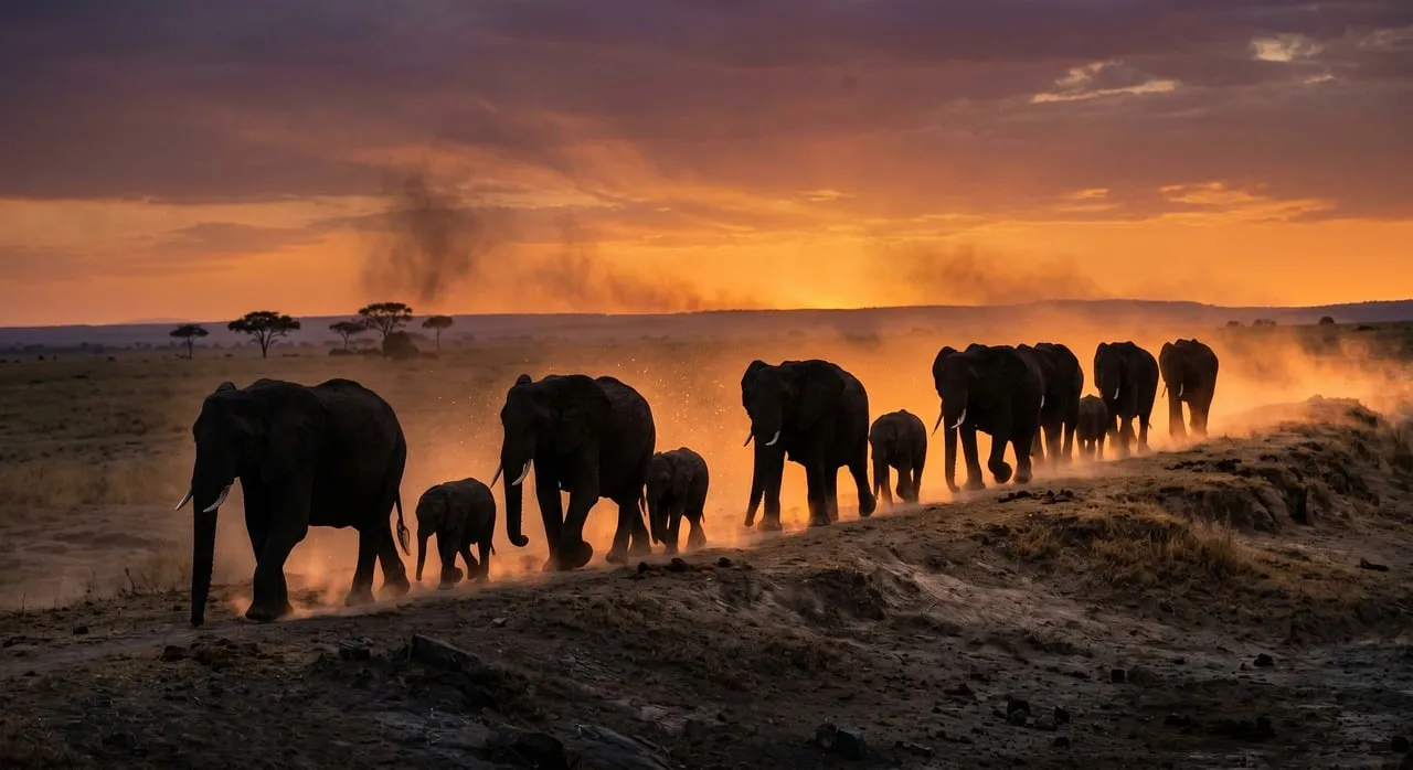Majestic Elephant Migration Against a Fiery African Sunset