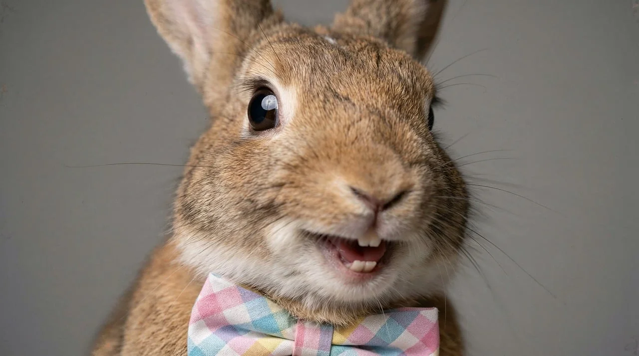 Adorable Brown Bunny with Plaid Bowtie Smiling