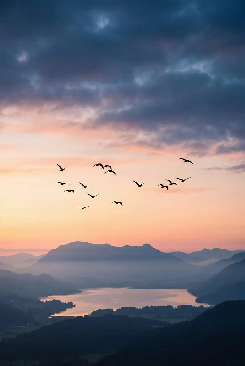 Serene Dawn Flight: Birds Over Misty Mountain Lake