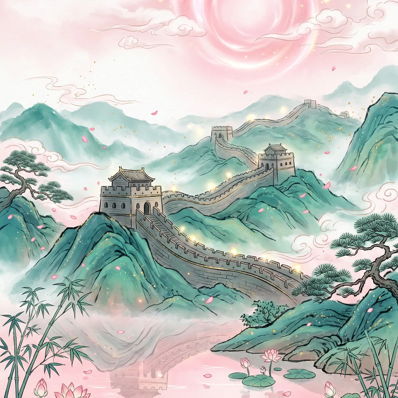 Ethereal Great Wall: A Pastel Chinese Dreamscape at Sunrise