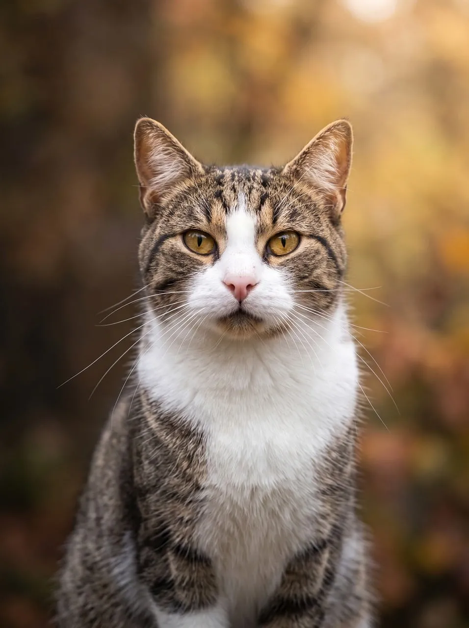 Captivating Feline Gaze: European Shorthair Portrait in Autumn Light