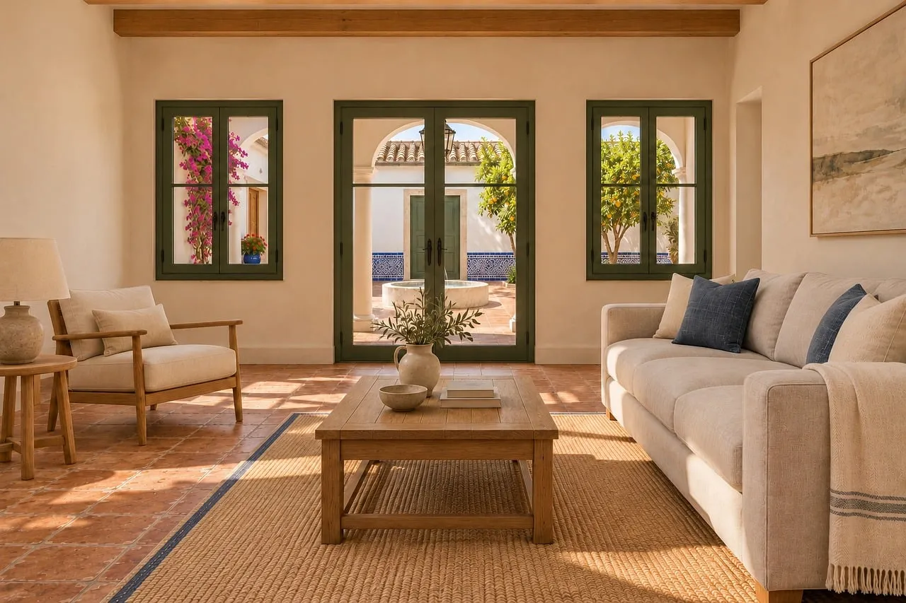 Mediterranean Dream: Sunlit Living Room with Courtyard Views