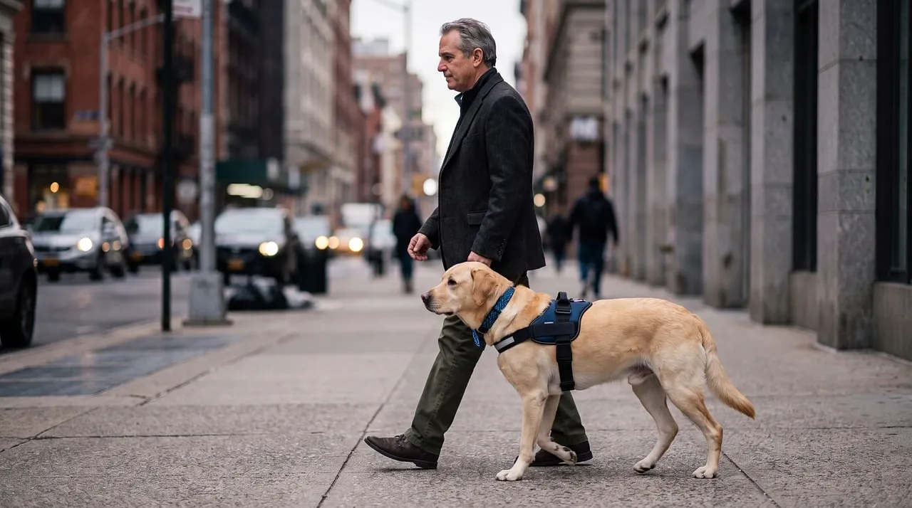 Urban Companionship: Man and Guide Dog Navigate City Streets