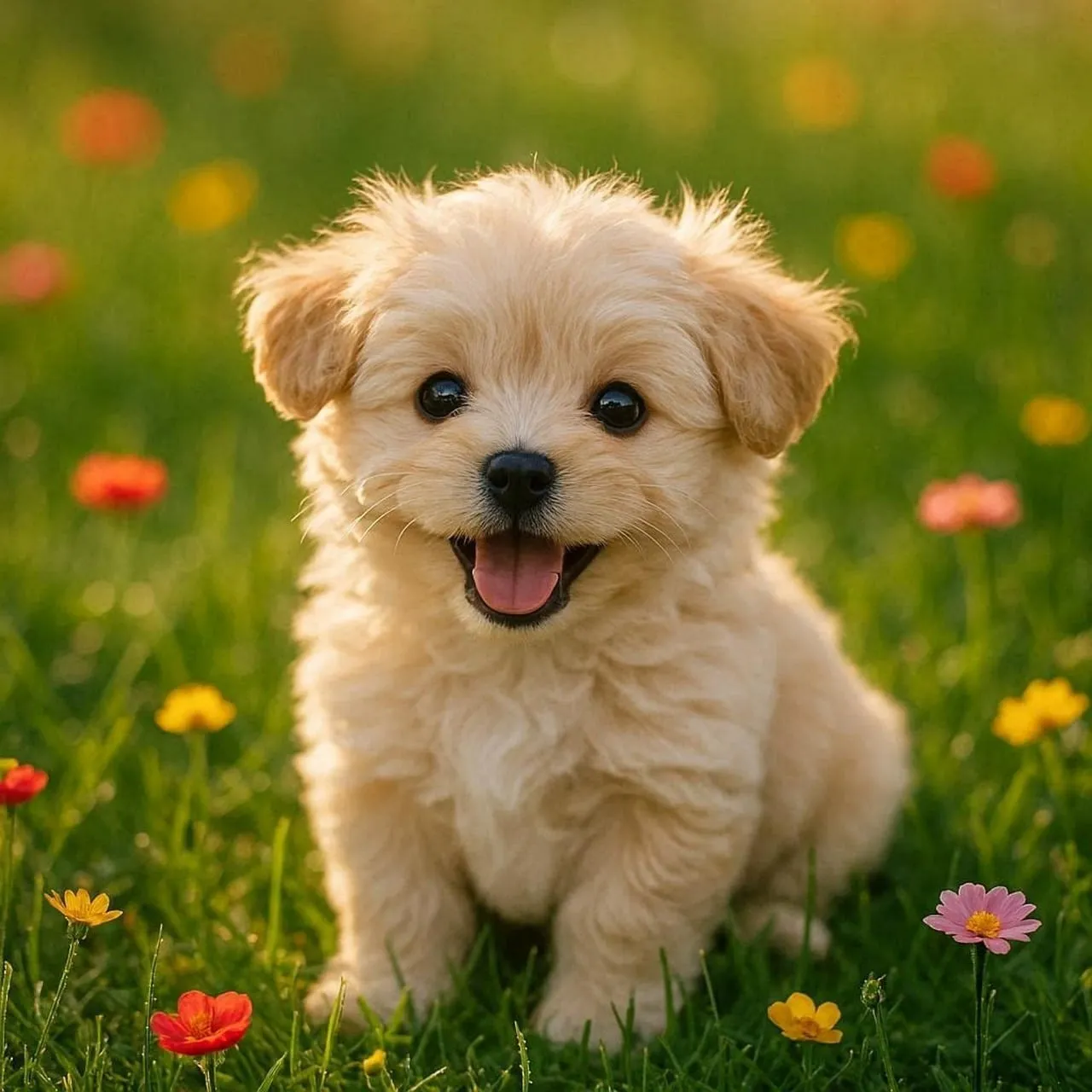 Adorable Fluffy Puppy Grinning in a Vibrant Flower Meadow