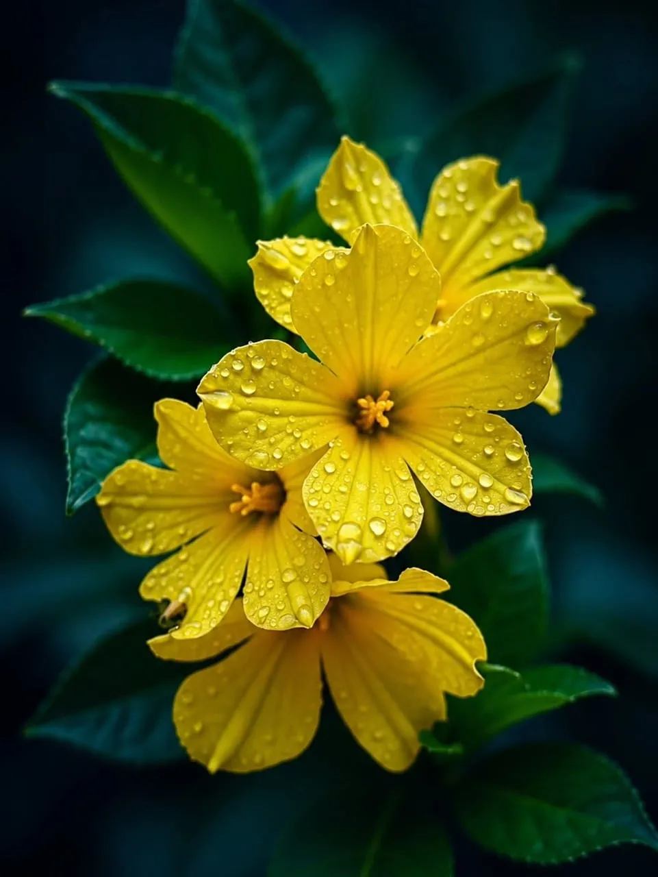 Vibrant Yellow Blooms: Rain-Kissed Petals in Macro Focus