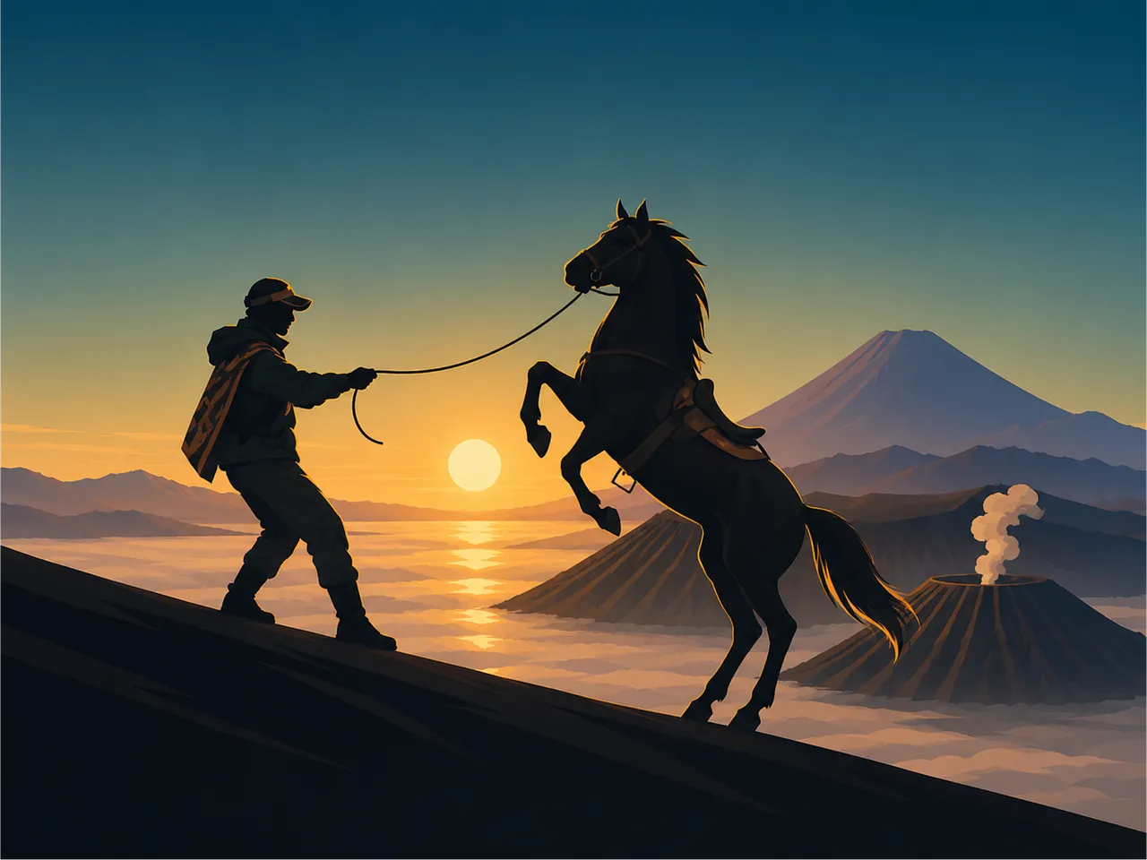 Epic Volcanic Sunrise: Horse and Rider Against the Dawn
