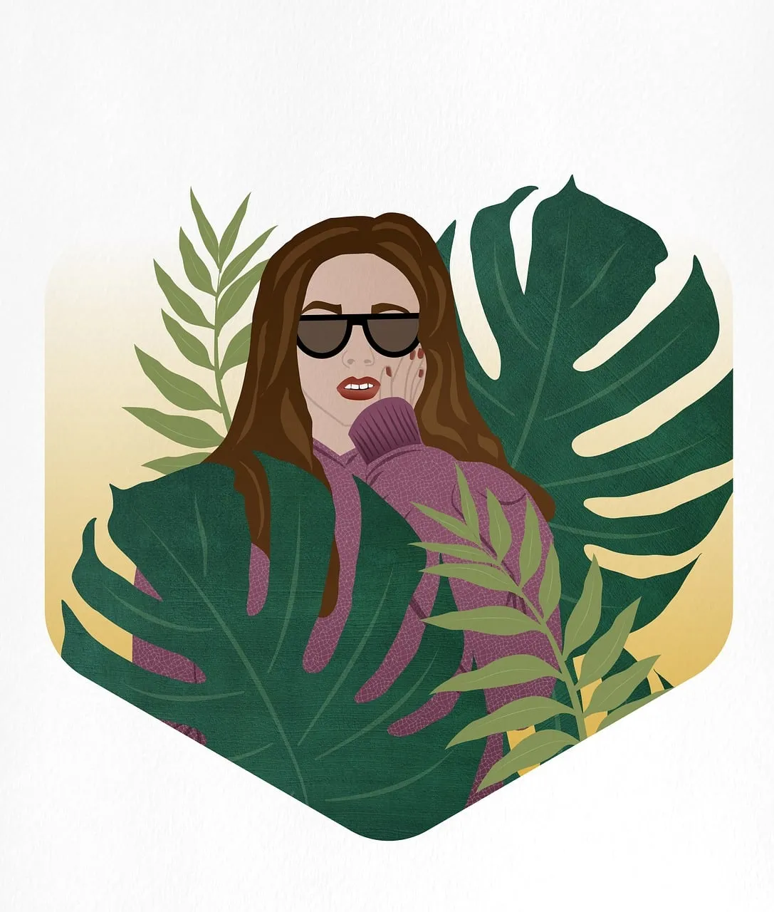 Vibrant Boho Girl Amidst Lush Monstera Leaves Illustration