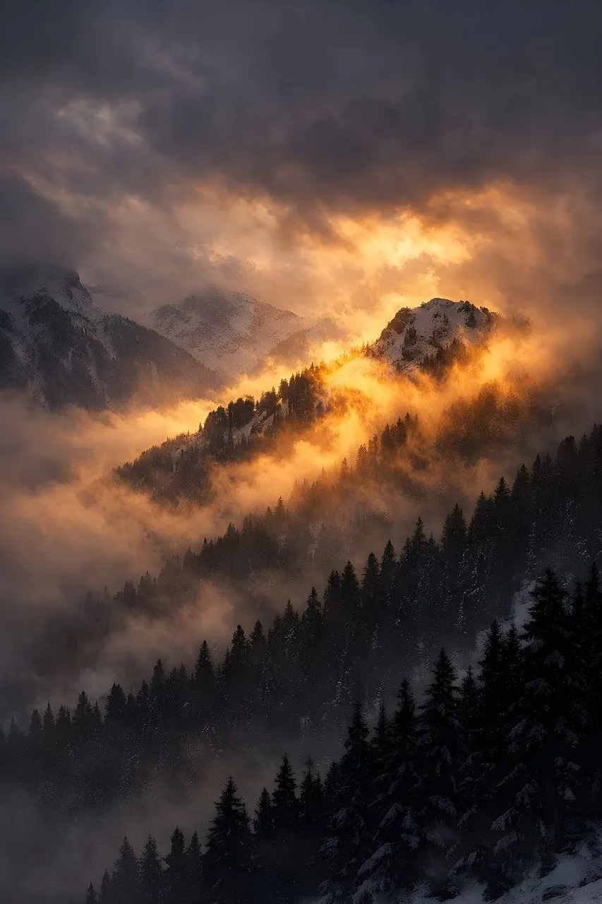 Dramatic Winter Sunset: Golden Light Over Misty Mountain Peaks
