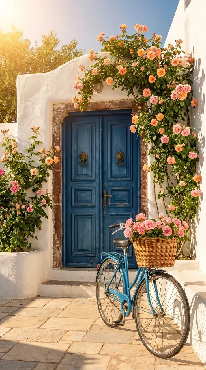 Charming Greek Oasis: Vintage Bicycle & Blooming Roses