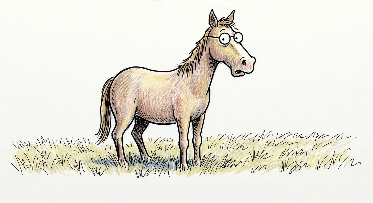 Humorous Cartoon Horse with Glasses in Minimalist Pasture