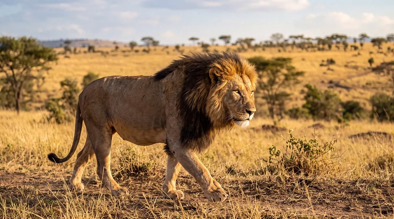 Majestic Lion Striding Through Golden African Savanna