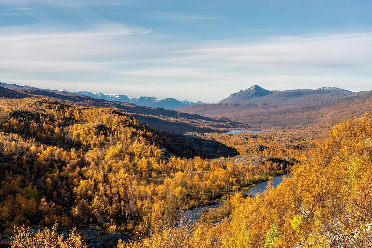 Breathtaking Autumn Mountain Panorama: Golden Forests Embrace Serene Lakes