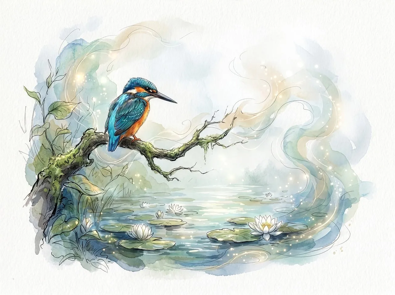 Enchanting Watercolor Kingfisher Perched by a Magical Pond