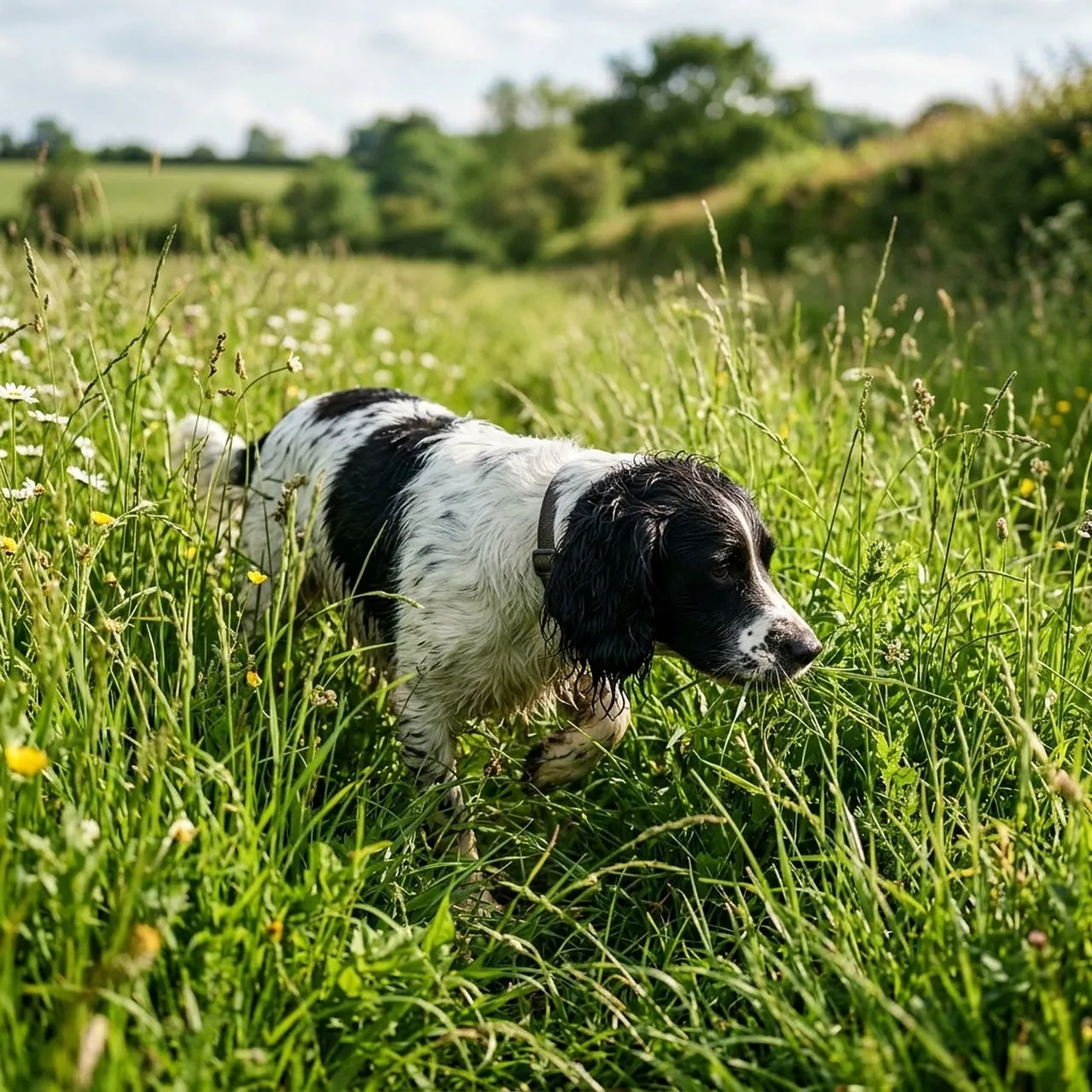 Joyful Spaniel Exploring Lush Spring Meadow