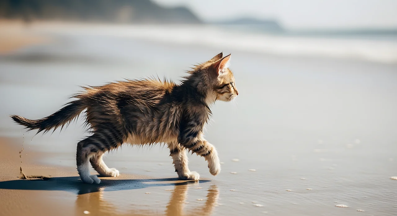 Adorable Wet Kitten's First Beach Adventure