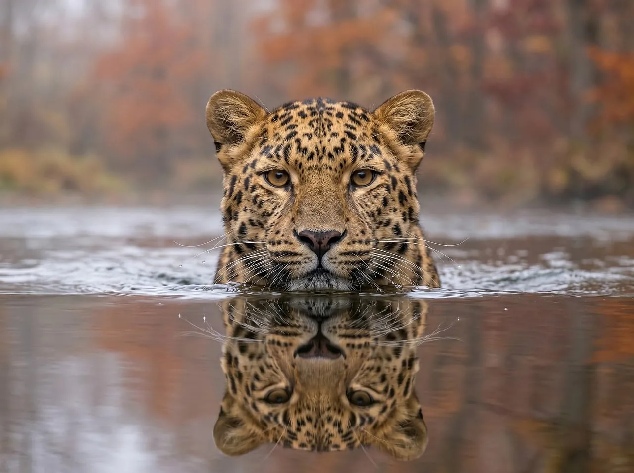 Majestic Leopard Emerges: Serene Autumn Swim Reflection