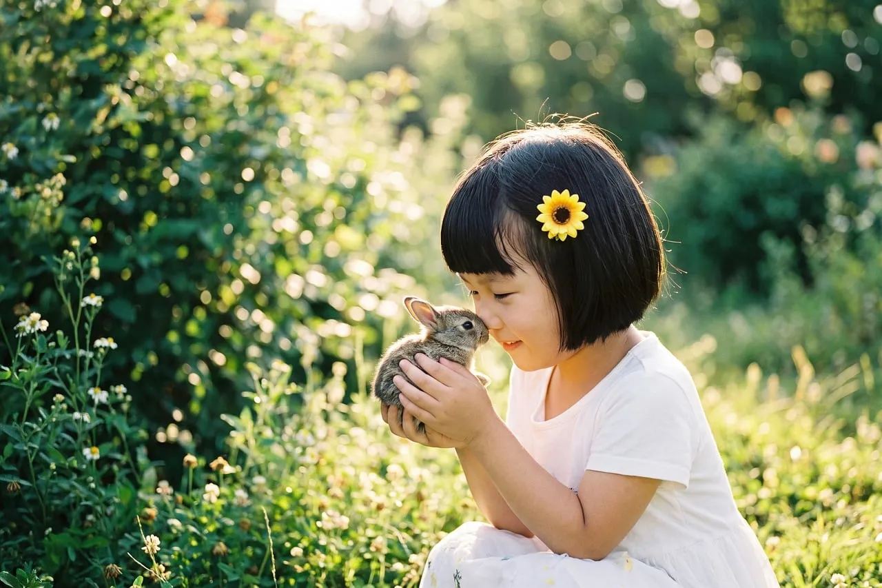 Enchanting Childhood: Girl, Rabbit & Golden Summer Sunlight
