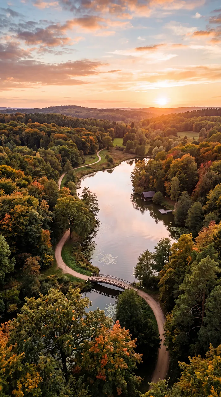 Breathtaking Autumn Dawn: Serene Lake Amidst Golden Forests