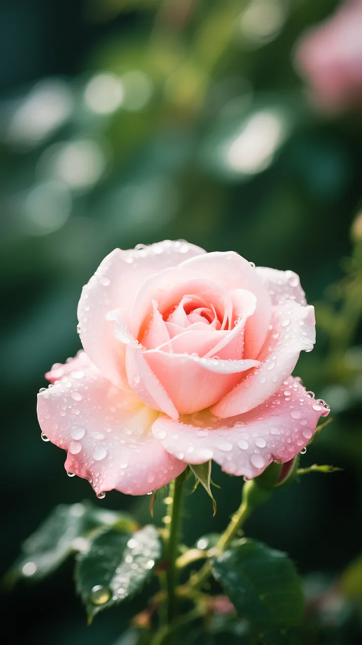 Stunning Pink Rose Bloom with Morning Dewdrops