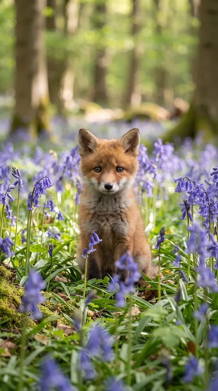 Enchanting Bluebell Forest: Adorable Fox Cub in Spring Bloom