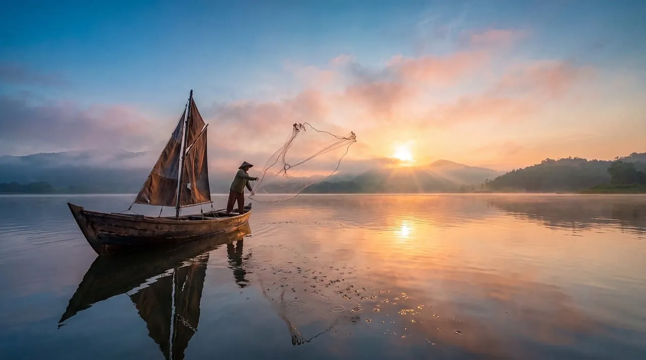 Breathtaking Dawn: Fisherman's Serene Morning Casting