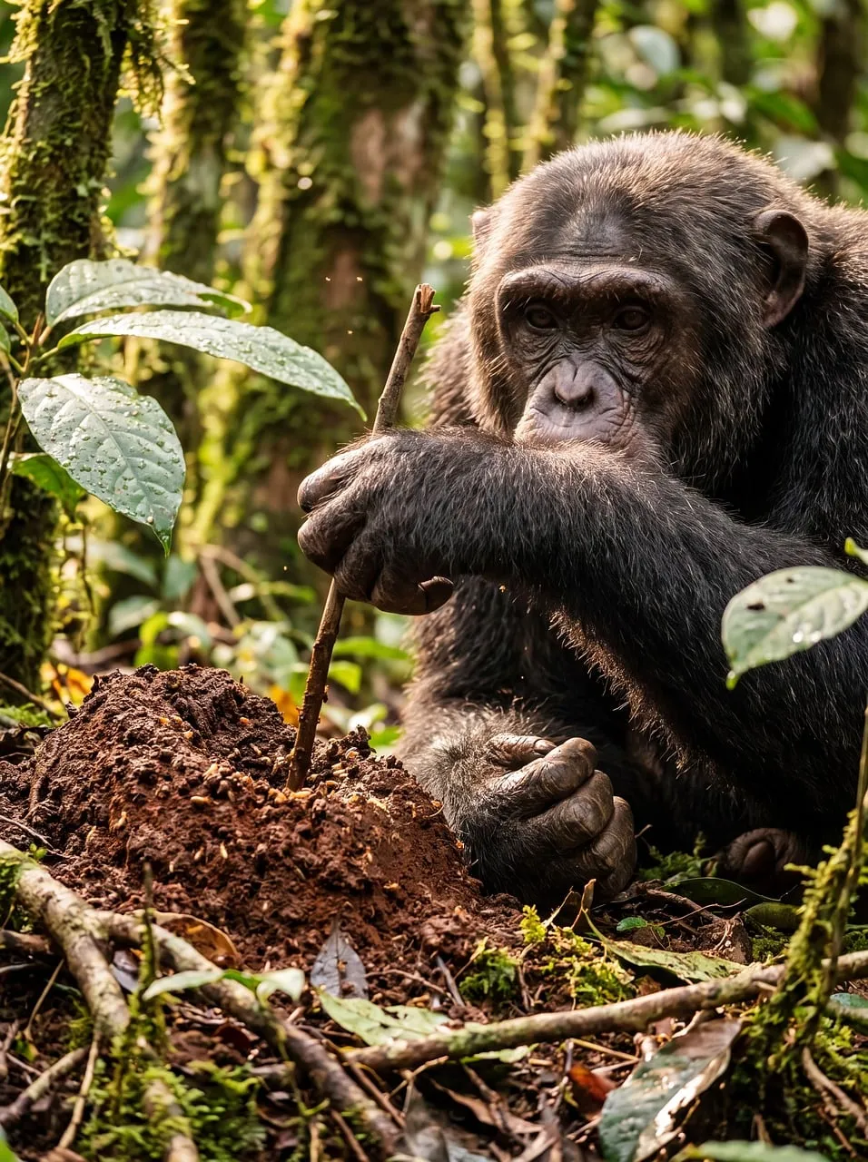 Intelligent Chimp Explores Jungle Soil with a Tool
