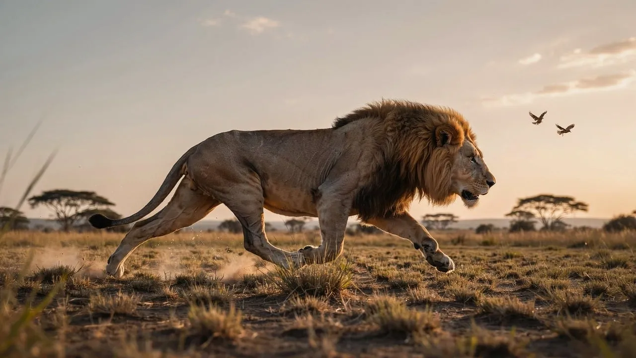 Majestic Lion Running at Sunset in the Savanna
