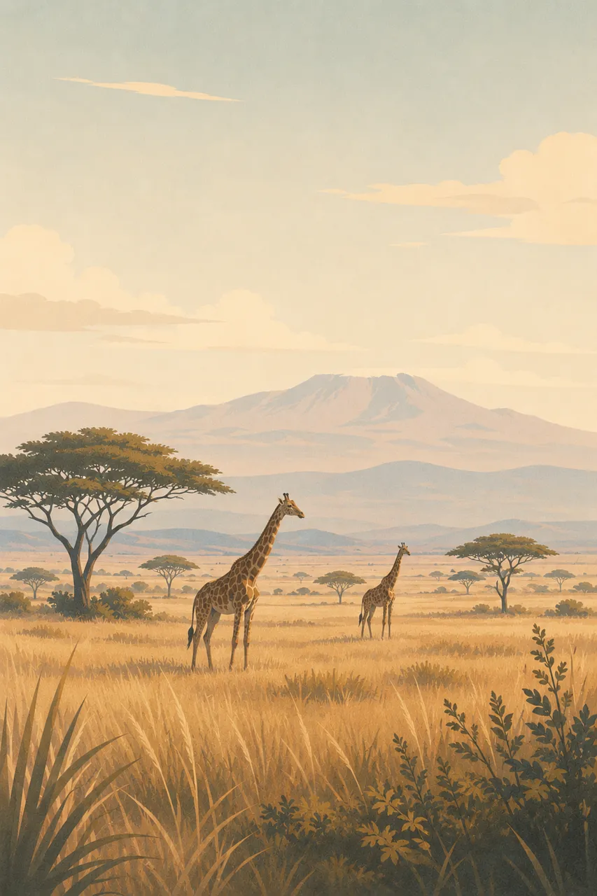 Serene African Savanna: Giraffes Roam Kilimanjaro's Shadow