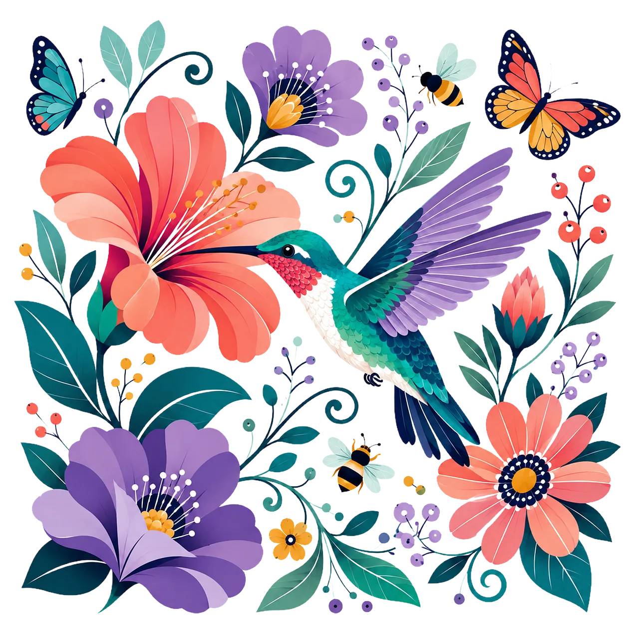 Vibrant Hummingbird and Floral Symphony on Black