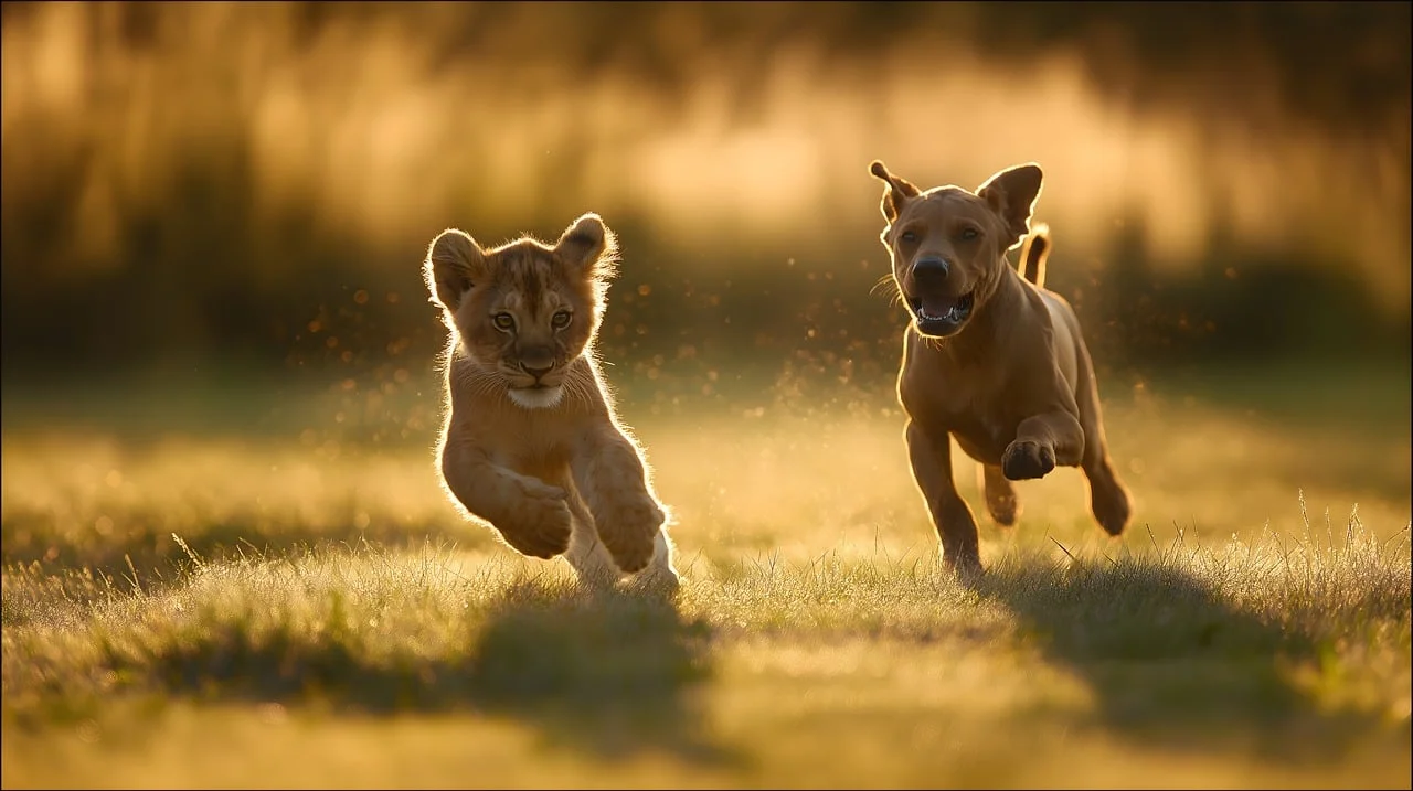 Heartwarming Sunset Chase: Lion Cub & Dog's Playful Friendship
