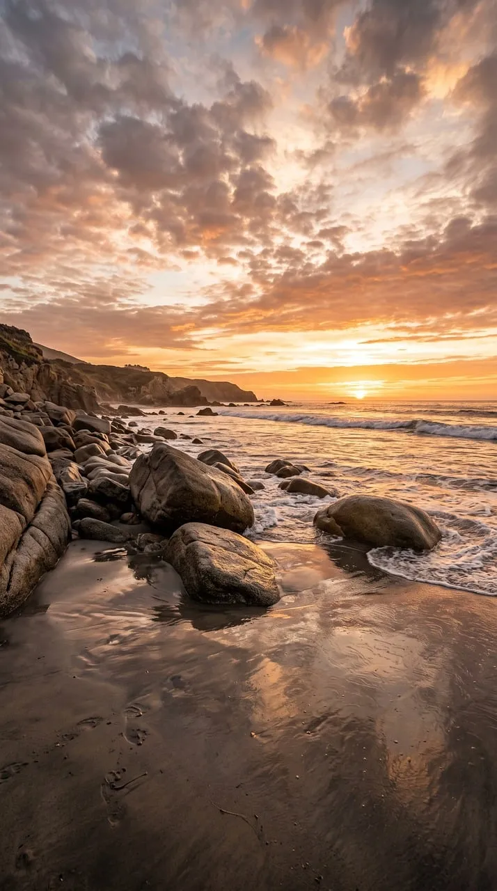 Breathtaking Coastal Sunset: Golden Hues Over Rocky Beach