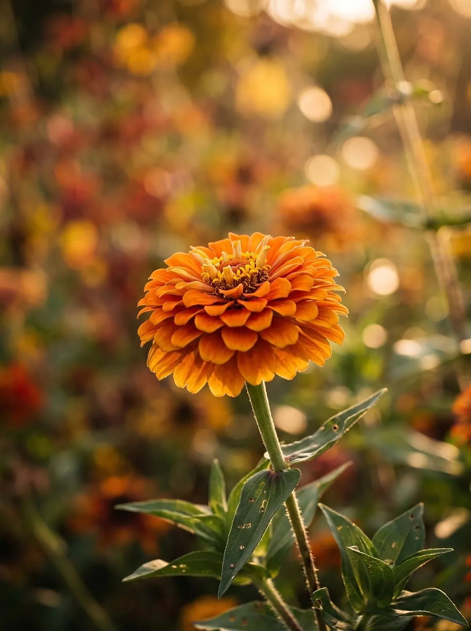 Vibrant Orange Zinnia Blooming in Golden Sunlight