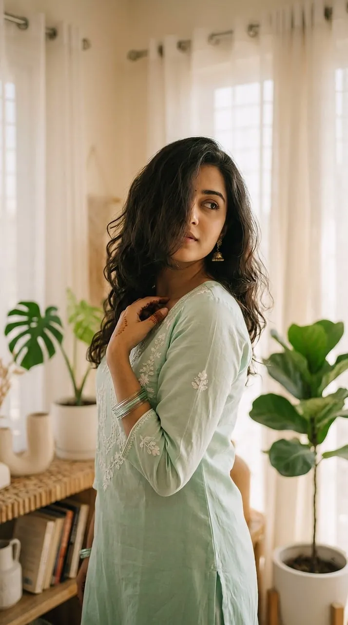 Serene Asian Woman in Traditional Attire Amidst Greenery