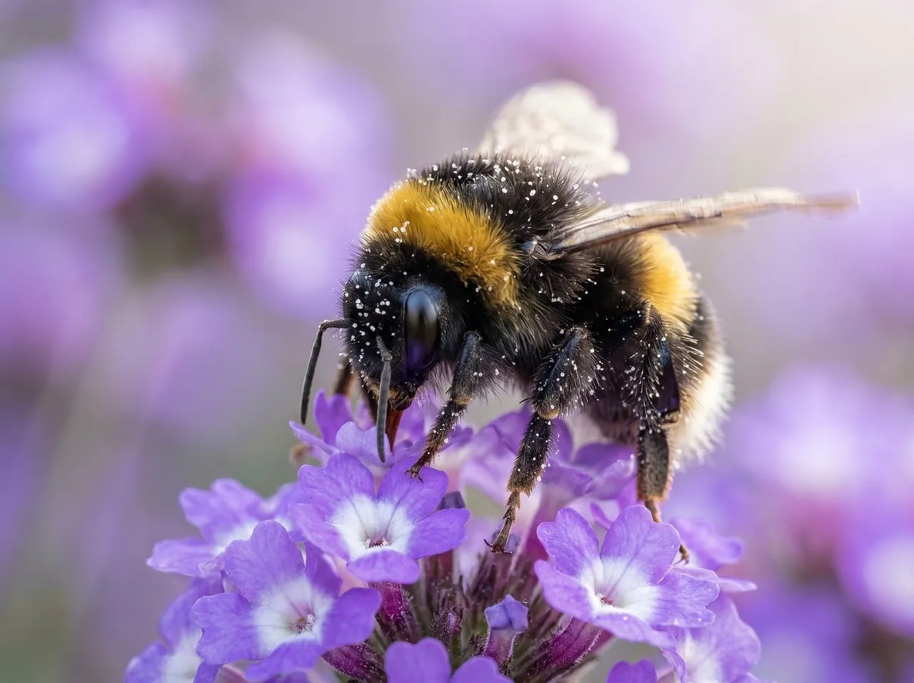 Vibrant Bumblebee Foraging on Purple Flowers in Macro