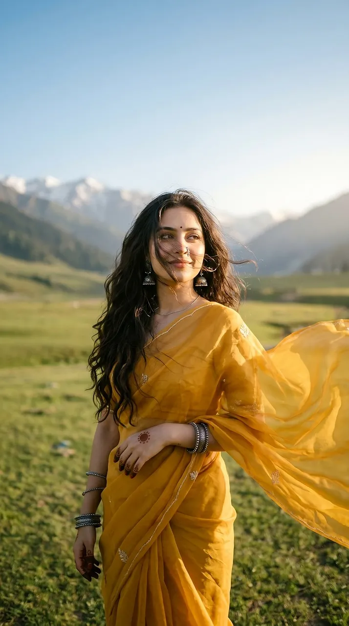 Stunning Indian Beauty in Sari Amidst Majestic Mountains