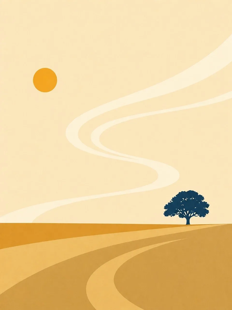 Serene Minimalist Landscape: Golden Sunset & Lone Tree Art