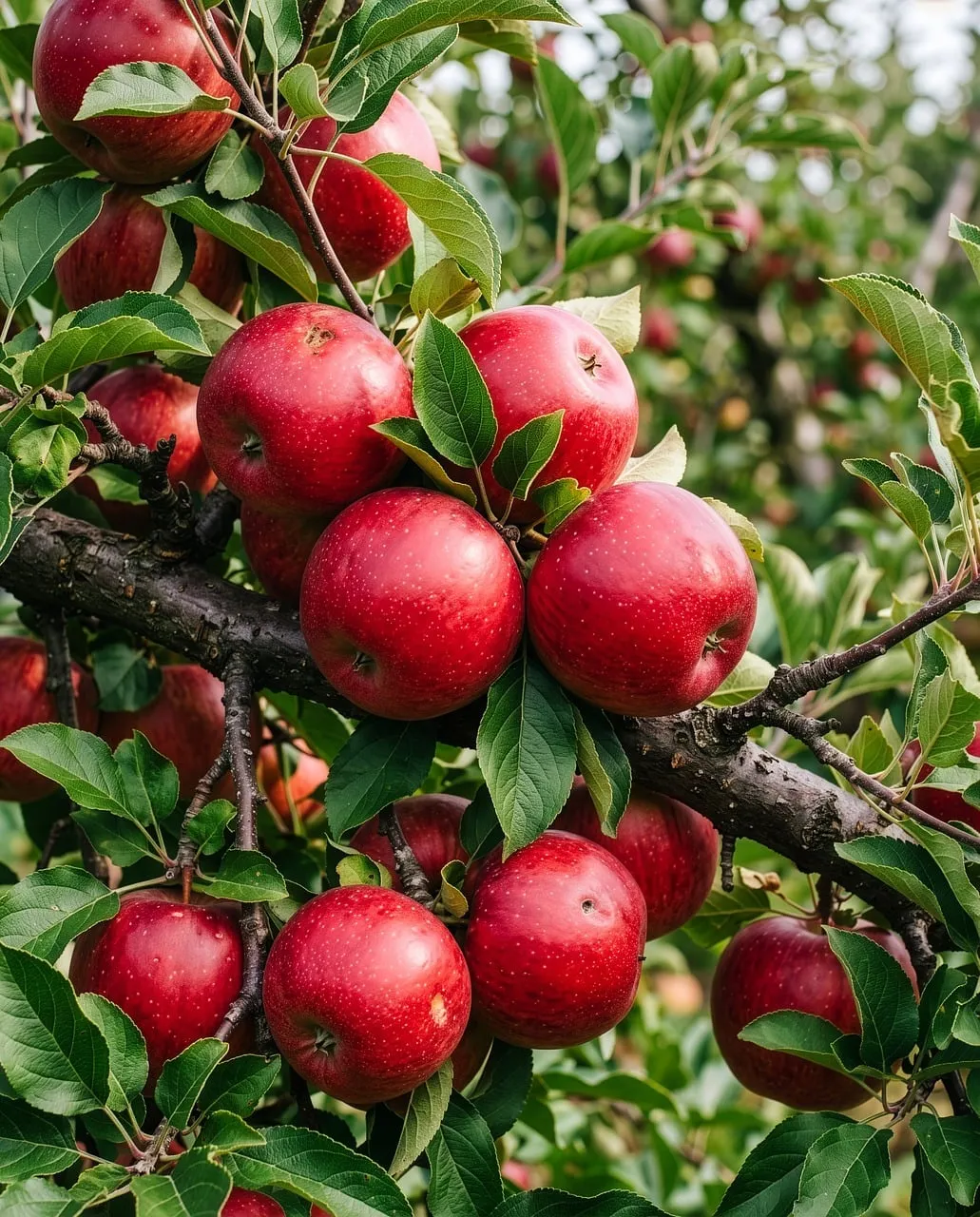 Vibrant Orchard Harvest: Fresh Red Apples on the Branch